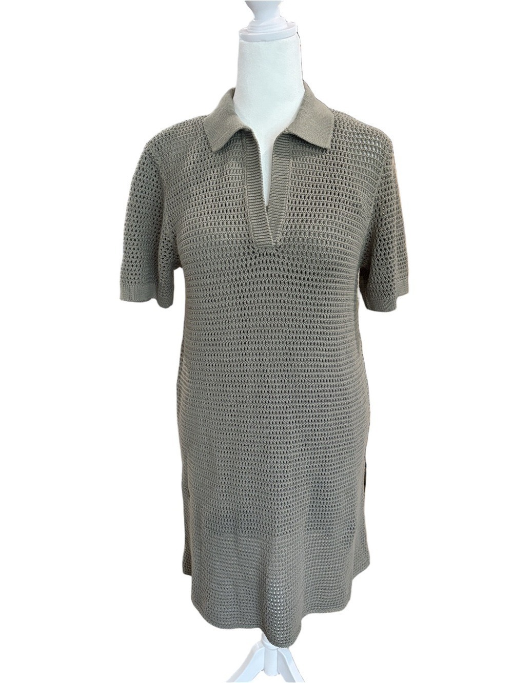The Drop Melia Mini Dress. Size L Olive Crochet inner slip shift cotton NWT